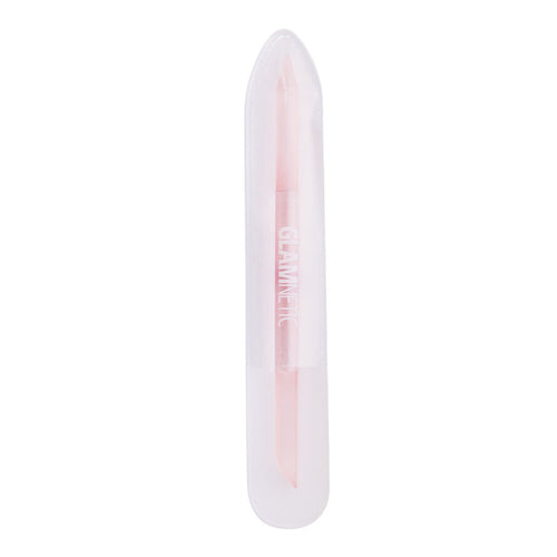 The glamnetic 2-in-1 Cuticle Pusher is a light pink tool with a pointed end for manicures and nail care, housed in a clear plastic case. GLAMNETIC is printed in white on the tool.
