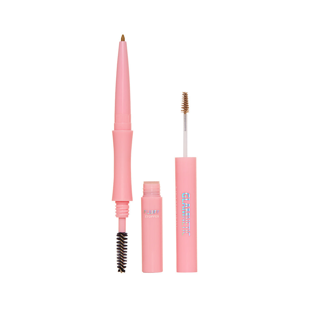 The glamnetic 3-in-1 Brow It All kit in pink features a pointed brow pencil, a spoolie brush on the opposite end, and a brow gel tube with a “GLAMM” wand.