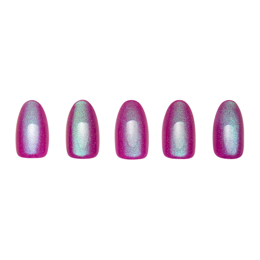 Five artificial nails from glamnetic’s Berry Fizz Nail Set, featuring a shimmery iridescent magenta and teal polish, are arranged in a row on a white background.