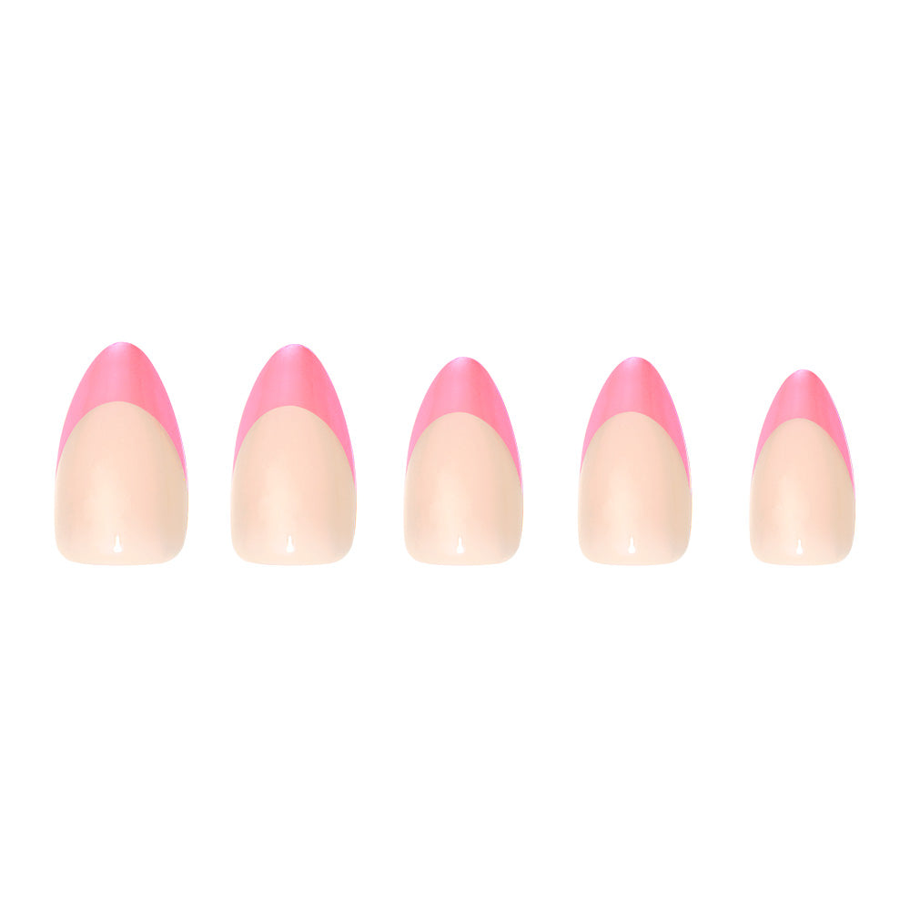 Five almond-shaped glamnetic Bubble Gum Glaze nails, featuring a nude base with bright pink French tips, are arranged in a row against a white background.