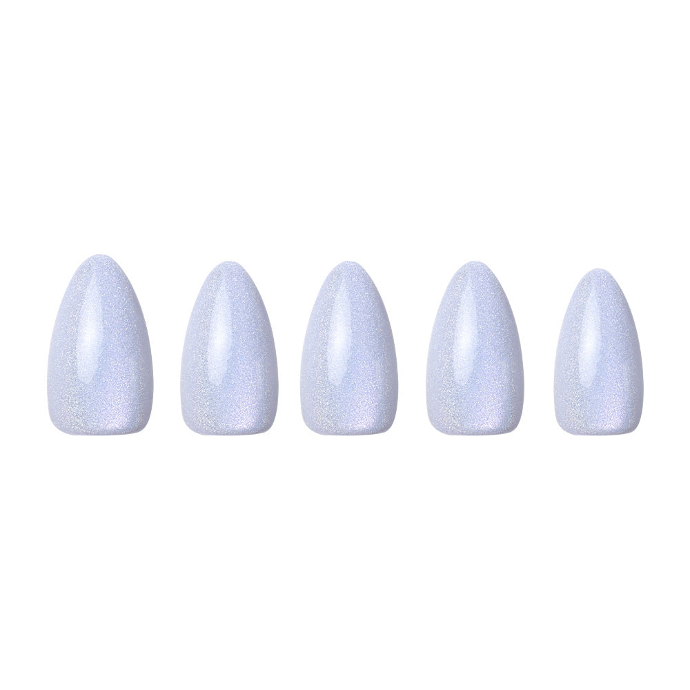 Five glamnetic Frozen artificial nails in a chic short almond shape feature a soft, shimmery pale purple with an icy-blue hue, arranged in a horizontal line against a white background.