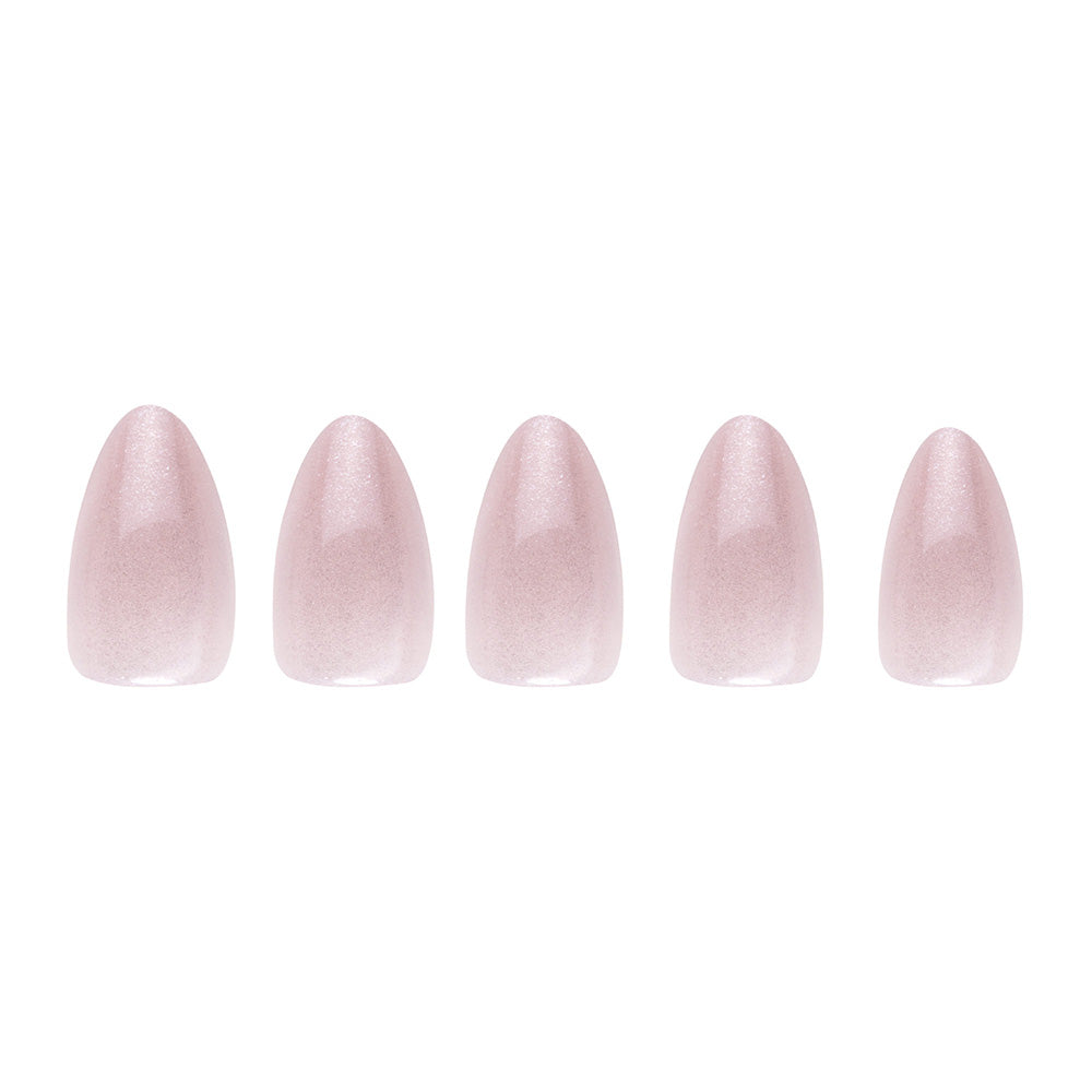 The glamnetic Selenite Nail Set includes five short, almond-shaped pale pink nails with a glossy velvet finish, neatly displayed in a row on a white background.