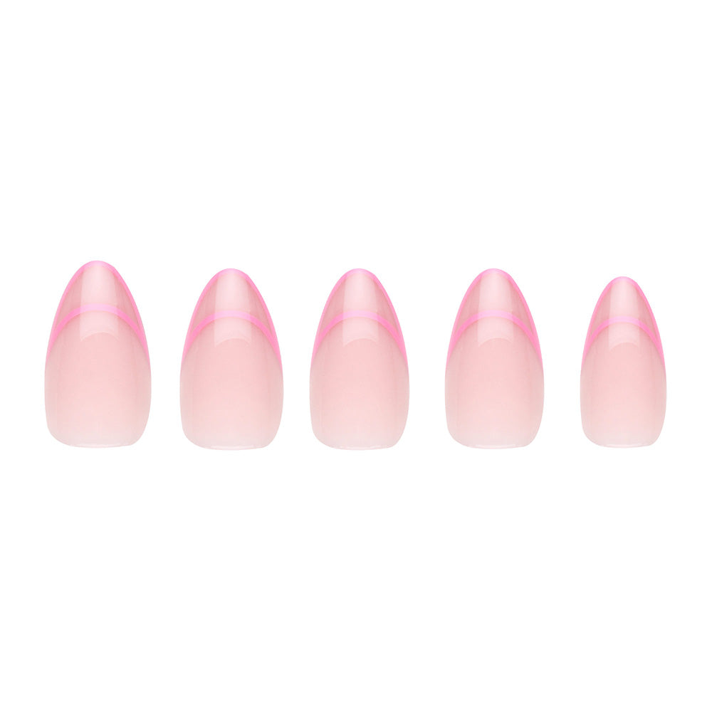 Five Hot Take artificial nails by glamnetic, featuring a short almond shape, nude pink base, and thin bright pink French tips, are displayed in a row on a white background.
