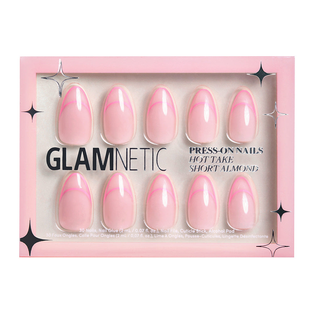 Hot Take by glamnetic is a set of 10 short, almond-shaped pink press-on nails with bright pink line designs, packaged in a pink glamnetic box with black and silver accents.