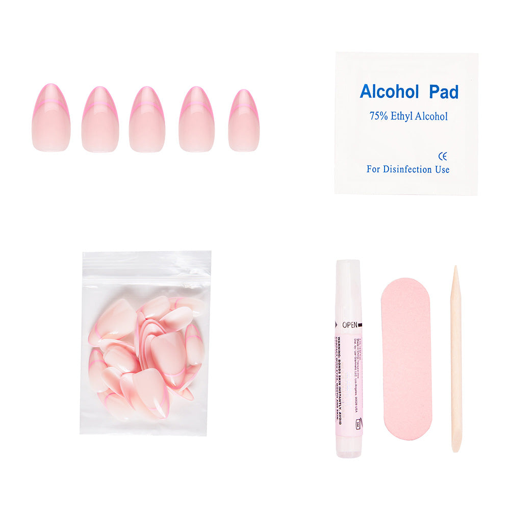 Hot Take by glamnetic: A short almond-shaped pink press-on nail set with French tips. Includes extra nails, nail glue, alcohol pad, pink nail file, and wooden cuticle stick—all arranged on a white background.