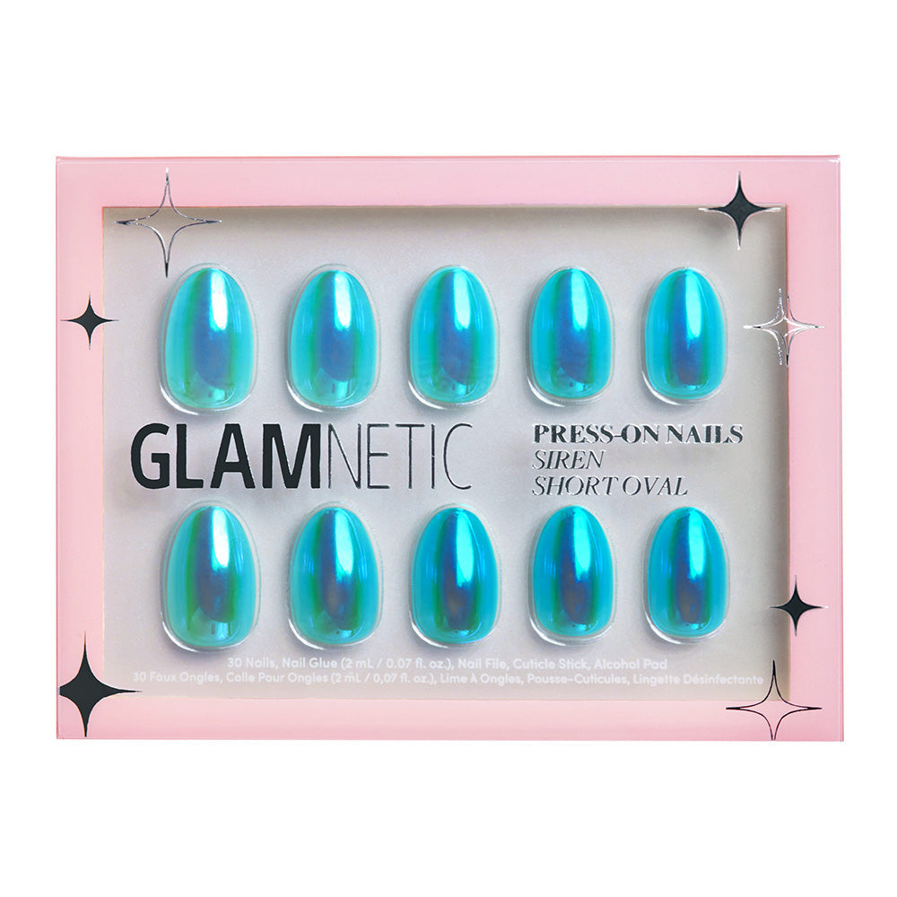 The glamnetic Siren nail set features shiny, blue iridescent press-on nails in a short oval shape with a holographic finish. Ten nails are visible in a pink frame with black star accents.
