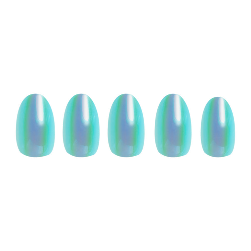 Five glossy, holographic artificial nails in iridescent blue-green hues from the glamnetic Siren set are arranged in a row, showcasing their stunning look against a white background.