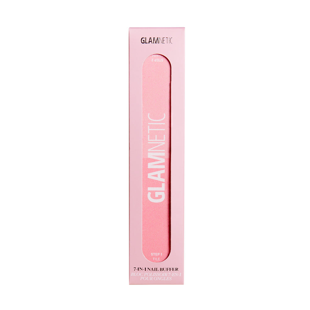 The glamnetic 7-in-1 Nail Buffer is a pink rectangular buffer in a matching box with a clear window. The packaging displays 7-IN-1 NAIL BUFFER and STEP 1, ideal for at-home nail prep and achieving a glossy finish.