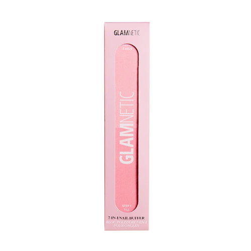 The glamnetic 7-in-1 Nail Buffer is a pink rectangular buffer in a matching box with a clear window. The packaging displays 7-IN-1 NAIL BUFFER and STEP 1, ideal for at-home nail prep and achieving a glossy finish.