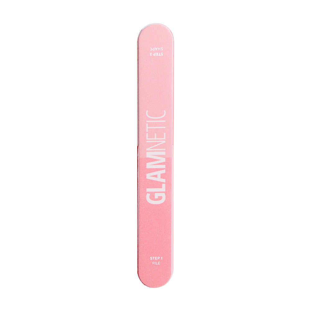 The glamnetic 7-in-1 Nail Buffer features glamnetic printed vertically in white and STEP 1 FILE at the bottom, ideal for at-home nail prep to create a smooth base before using your favorite buffer for a glossy finish.