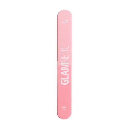 The glamnetic 7-in-1 Nail Buffer features glamnetic printed vertically in white and STEP 1 FILE at the bottom, ideal for at-home nail prep to create a smooth base before using your favorite buffer for a glossy finish.