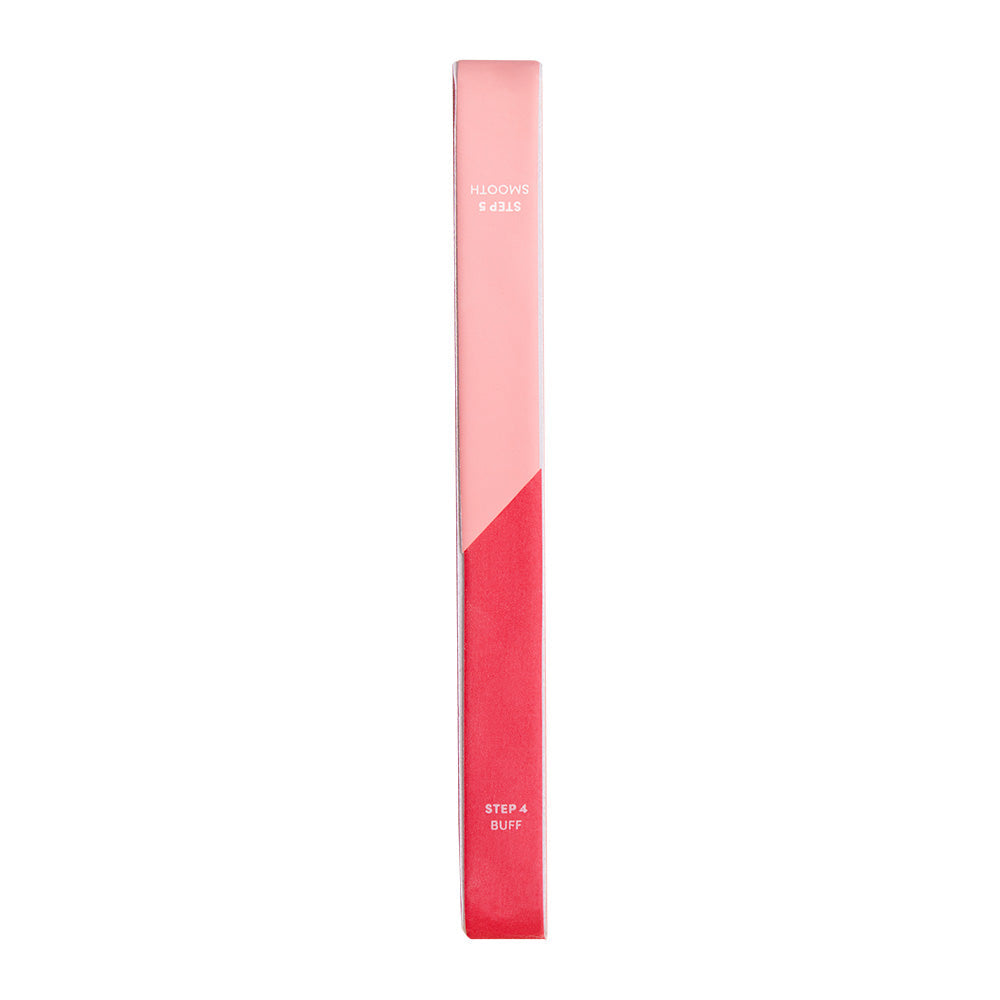 The glamnetic 7-in-1 Nail Buffer is a dual-colored rectangular tool for at-home nail prep, featuring a pink top labeled STEP 5 SMOOTH and a red bottom labeled STEP 4 BUFF, shown upright on its narrow edge against a white background.