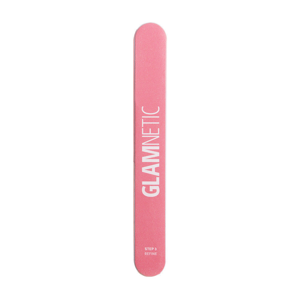 The glamnetic 7-in-1 Nail Buffer is a pink file with glamnetic in white and STEP 3 REFINE at the bottom, ideal for at-home nail prep to achieve a flawless, glossy finish.