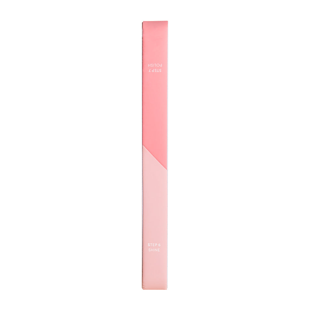 The glamnetic 7-in-1 Nail Buffer stands upright on a white background, with a pink top labeled Step 7 Polish and a light pink bottom labeled Step 8 Shine—perfect for easy, at-home nail prep and achieving a glossy finish.