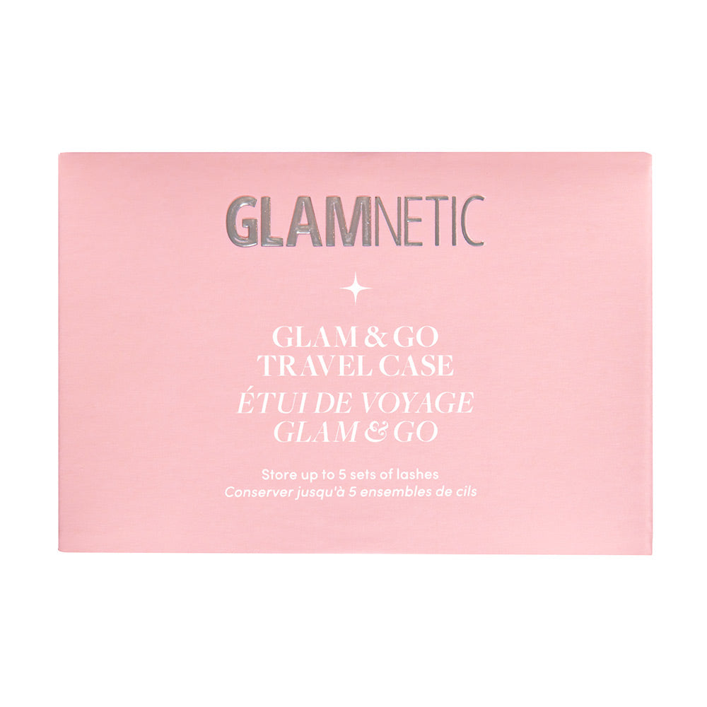 A pink rectangular box with glamnetic and Glam & Go Travel Case in silver and white text, featuring English and French instructions. The Glam & Go Travel Case stylishly holds up to 5 sets of glamnetic magnetic lashes or lash extensions.