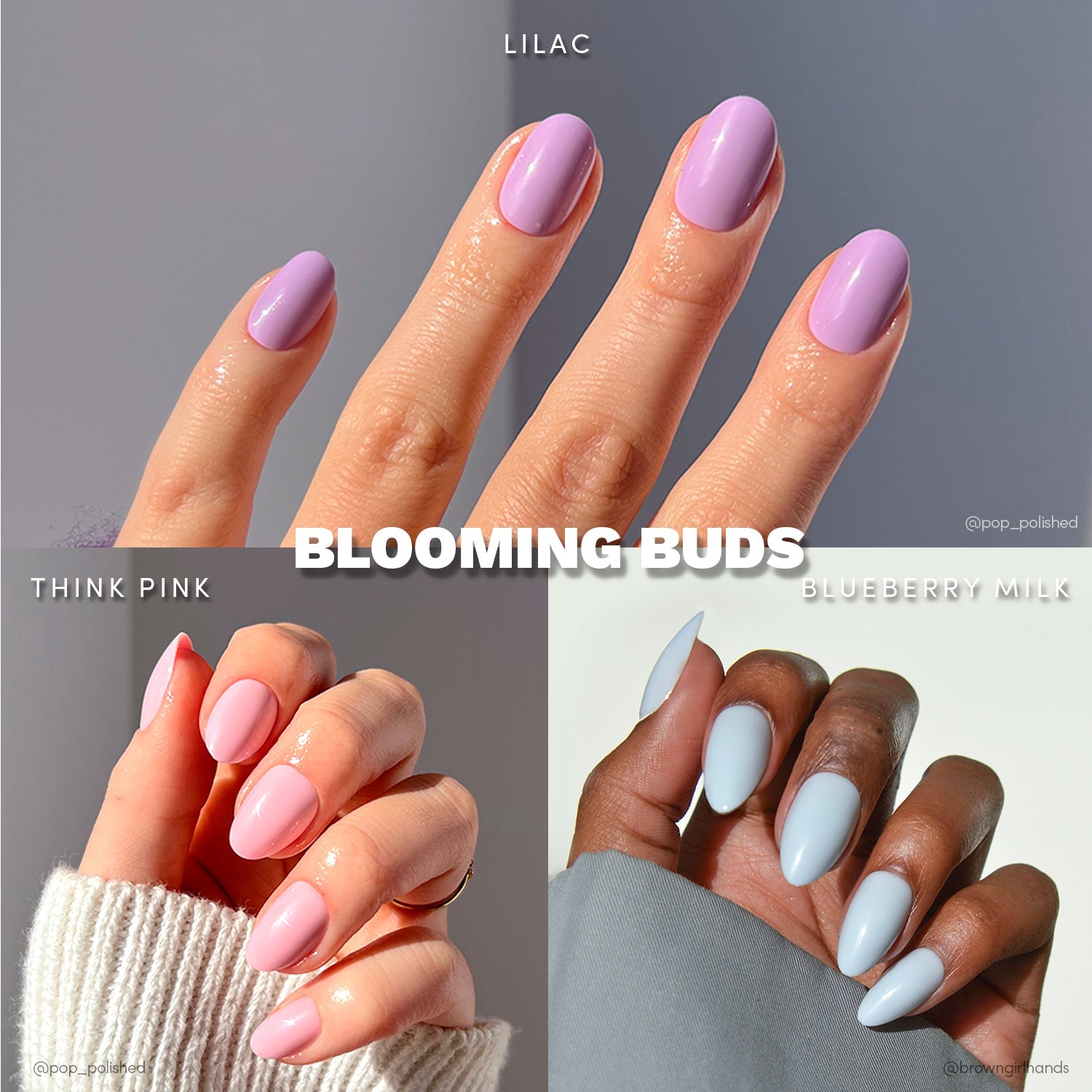A collage shows manicured hands with glamnetic’s Blooming Buds pastel press-ons in Lilac, Think Pink, and Blueberry Milk shades. Each style is labeled: Blooming Buds, Lilac, Think Pink, and Blueberry Milk.