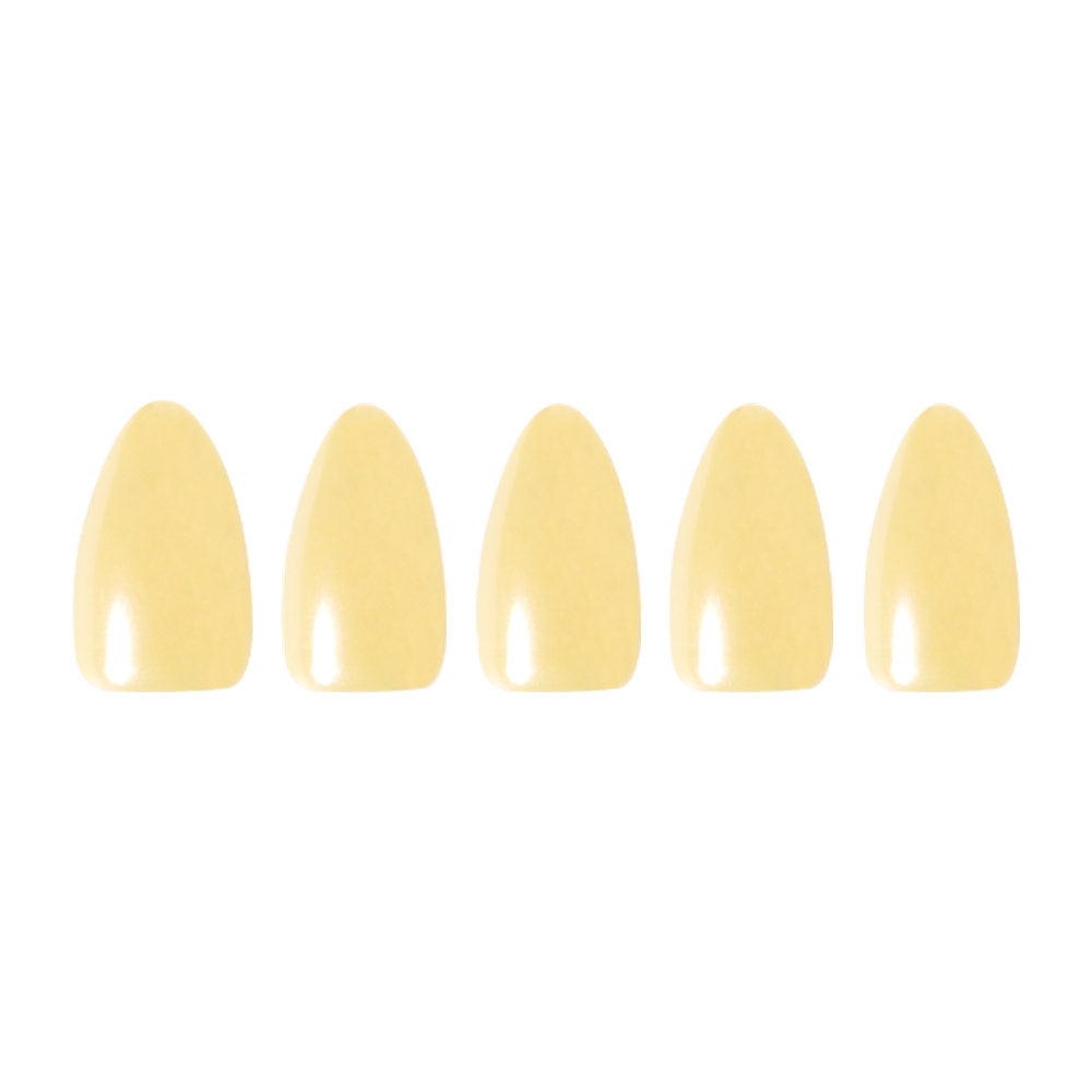 Five glossy pastel yellow press-on nails from glamnetics Yellow Pop set are arranged in a row on a white background, highlighting their cheerful style.