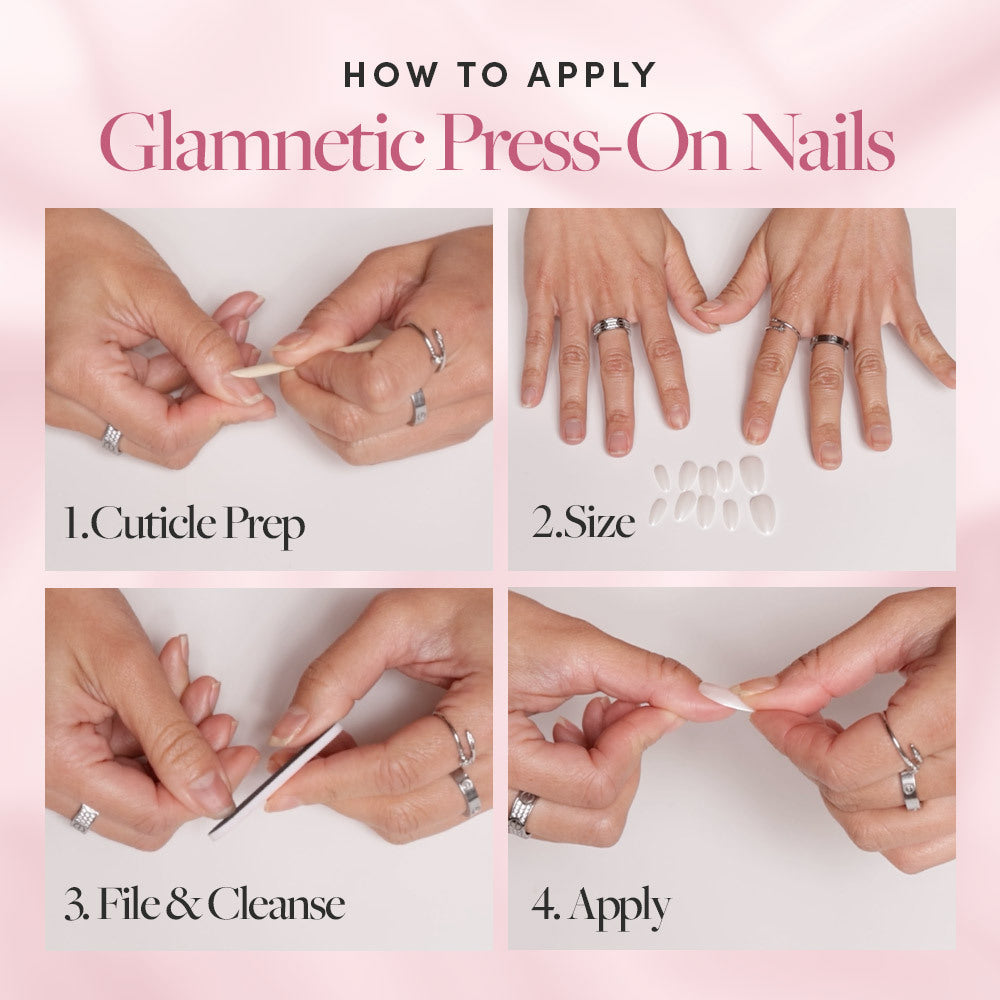 Step-by-step guide for applying glamnetic Lilac Gray press-on nails: prep cuticles, size squoval nails, file and cleanse, then apply for a glossy finish. Four images display each step on hands.