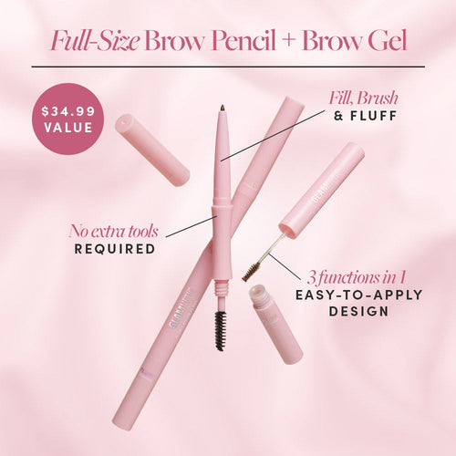 The glamnetic 3-in-1 Brow It All pink brow pencil and gel set is shown on a light background, with text highlighting fill, brush, fluff features and its all-in-one design. Valued at $34.99, no extra tools needed.