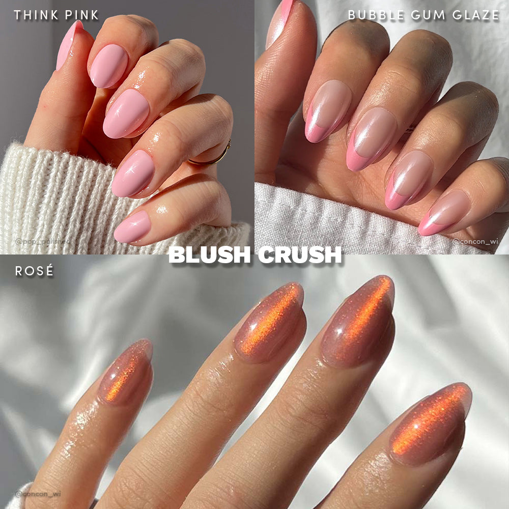 Four manicured hands showcase glamnetic’s Blush Crush: glossy solid pink (top left), shiny Bubble Gum Glaze (top right), and shimmery pink-orange nails (bottom). Text reads BLUSH CRUSH. Think pink with these standout styles!.