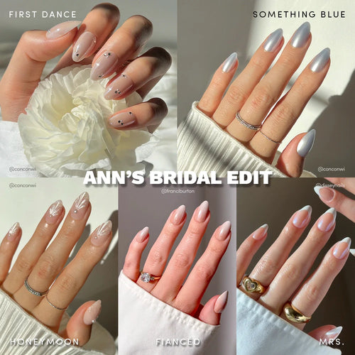 A collage of five manicured hands with bridal nails labeled First Dance, Something Blue, Honeymoon, Fiancé, and Mrs. Text Anns Bridal Edit by glamnetic is centered. Features elegant French tips and chic press-on nails.