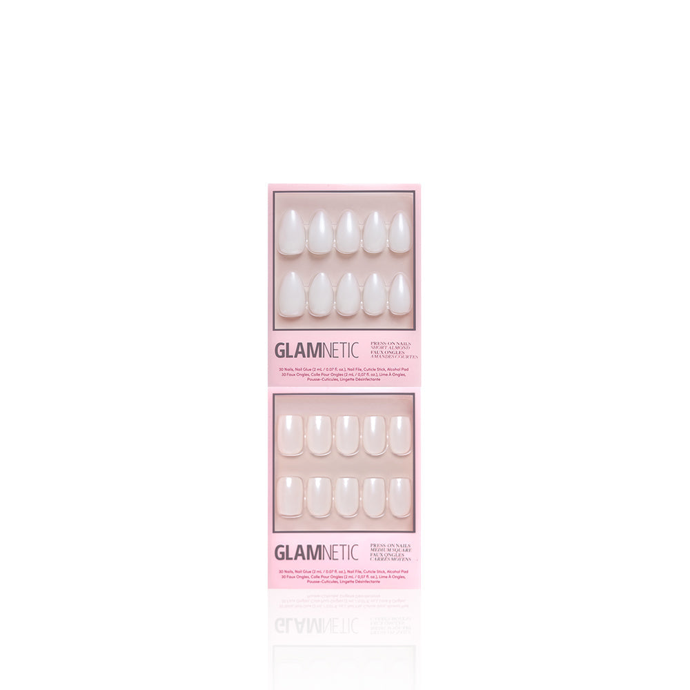 Two pink glamnetic boxes labeled Bailey + Hailey are shown side by side, each displaying Medium Square neutral glaze press-on nails in various sizes arranged neatly behind clear plastic windows.