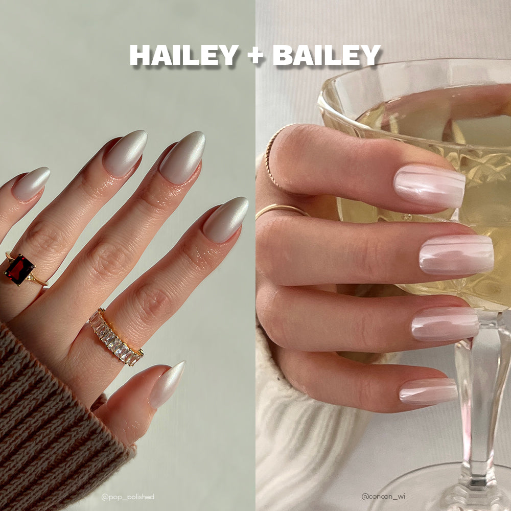 Two close-ups of manicured hands: left shows short almond nails in a neutral glaze with gold rings; right features medium square soft pink nails holding a glass. Text reads Bailey + Hailey by glamnetic.