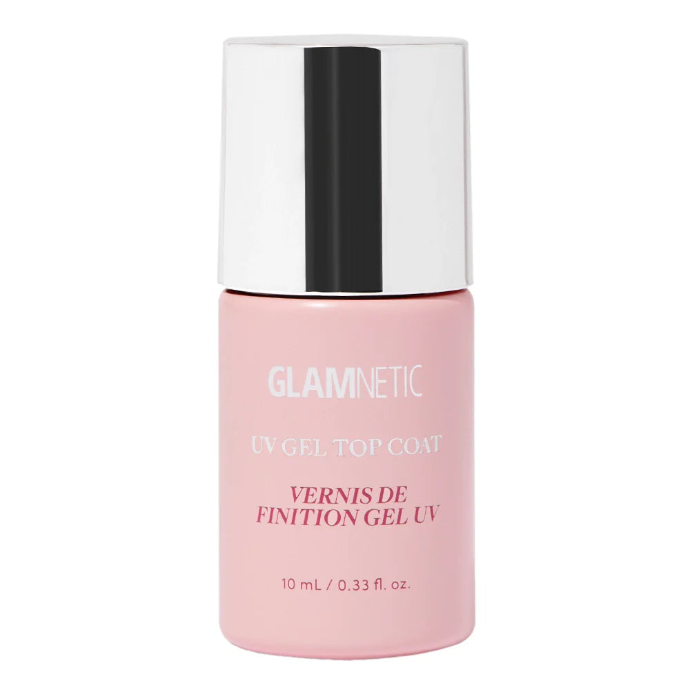 A pink bottle of glamnetic UV Gel Clear Top Coat with a shiny silver cap and a label in white and silver text. Volume: 10 mL (0.33 fl. oz.). Get salon-quality shine by curing under an LED UV lamp.