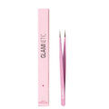 A pair of pink glamnetic Nail Decal Tweezers with pointed tips stands beside a matching pink rectangular box labeled glamnetic on a white background.