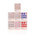 Bright & Light Hues Pedi Bundle from Glamnetic featuring seven press-on toenail sets in various shades, including nude, pink, red, and blue tones. Each box displays a matching set with multiple nail sizes arranged in neat rows