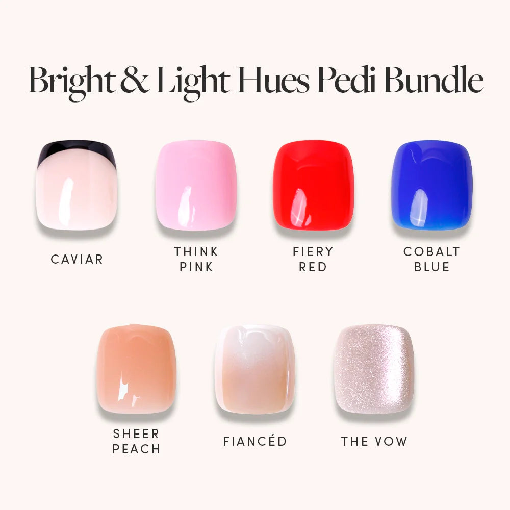 Nail polish color swatches labeled 'Caviar', 'Think Pink', 'Fiery Red', 'Cobalt Blue', 'Sheer Peach', 'Fiancéd', and 'The Vow' on a white background.