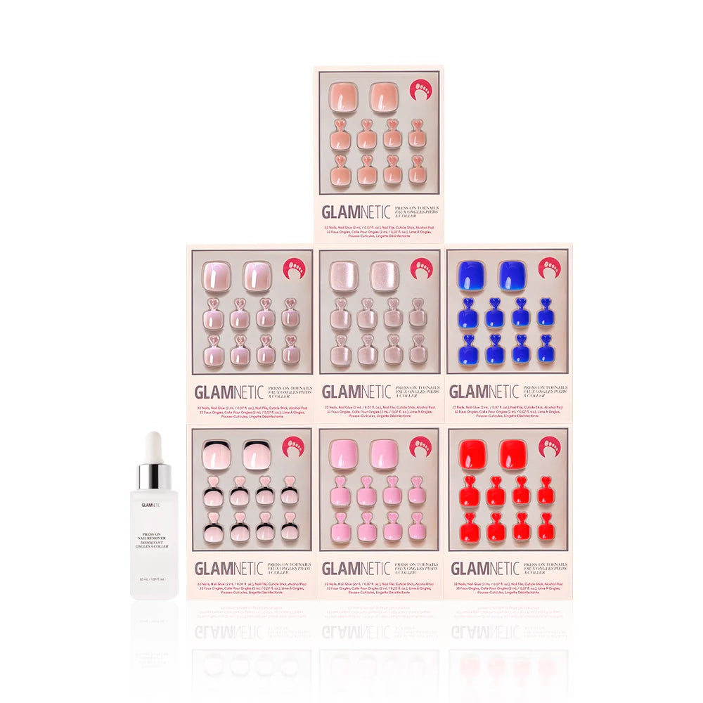 Glamnetic nail product packaging with various designs on a white background