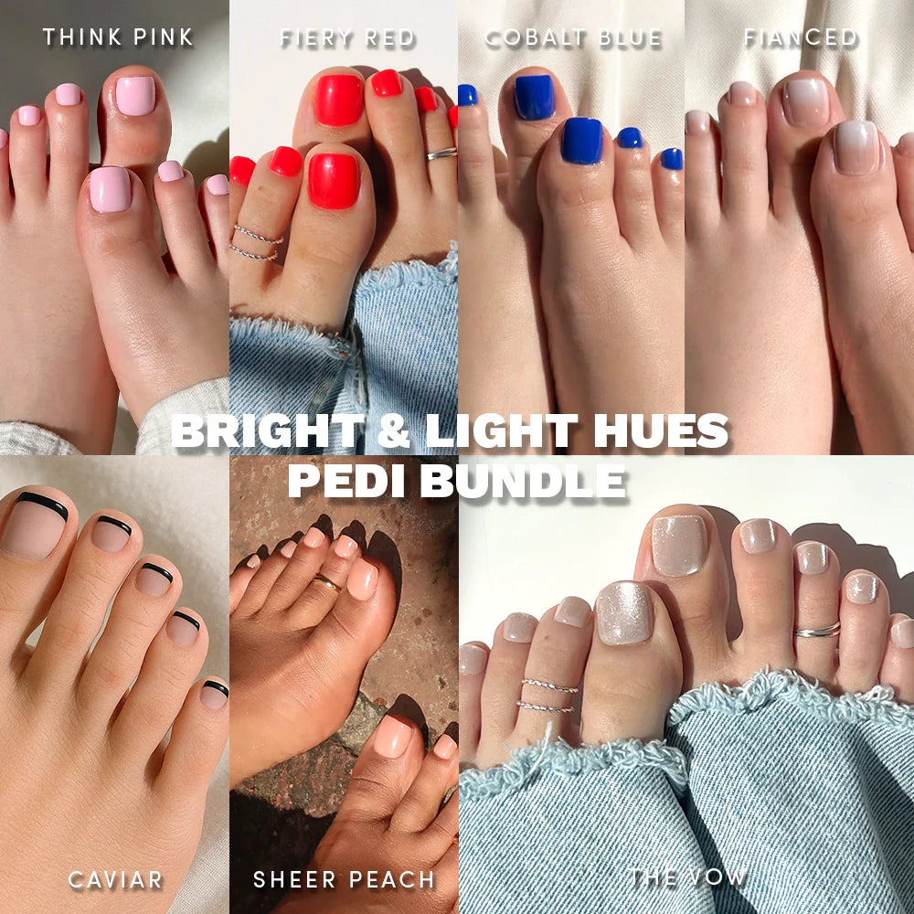 A collage of six glossy toenails in pink, red, blue, nude, black-tipped, peach, and shimmery white. Text reads: glamnetic Bright & Light Hues Pedi Bundle with polish names shown—perfect for a vibrant summer pedicure.
