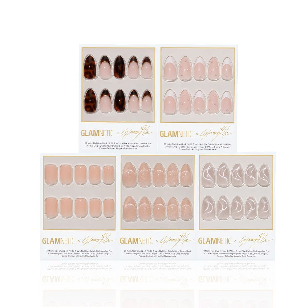 Set of false nails in different designs and colors with 'Glamnetic' branding on a white background.