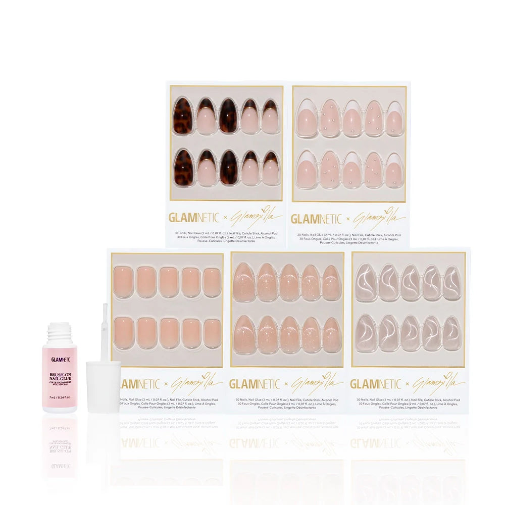 Glamnetic press-on nail set with brush on nail glue on a white background