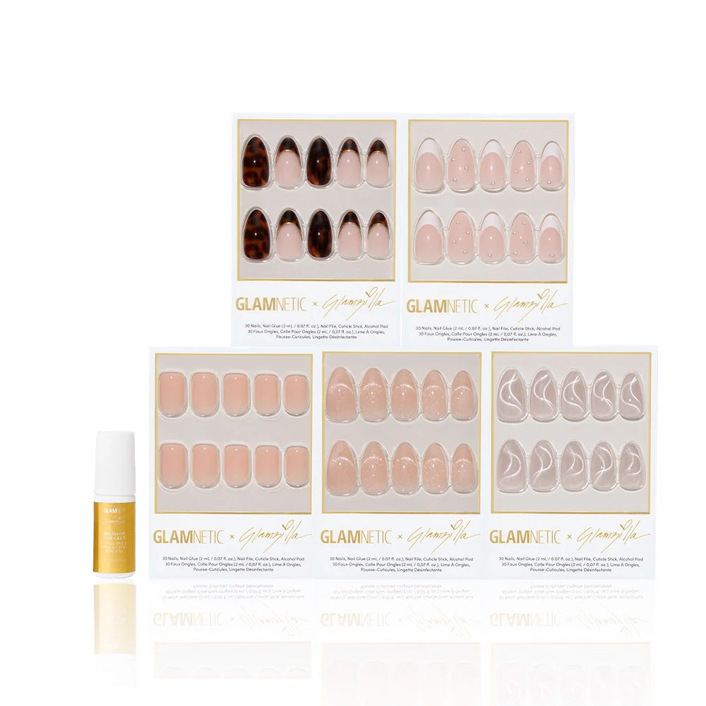 Glamnetic press-on nail set with the glamzilla brush-on nail glue on a white background