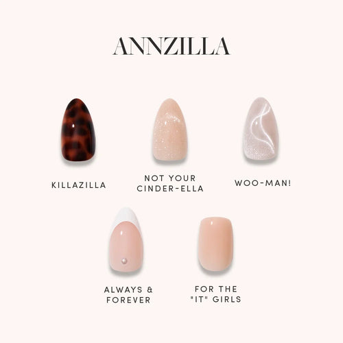Three nail designs labeled 'Killazilla', 'No In Between', and 'I Am a Rich Man?' by ANNZILLA on a white background.