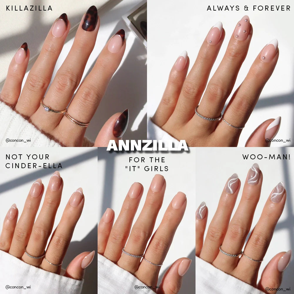 Collage of four images showing different nail designs with text labels.