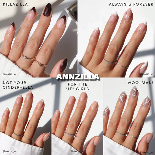 Collage of four images showing different nail designs with text labels.