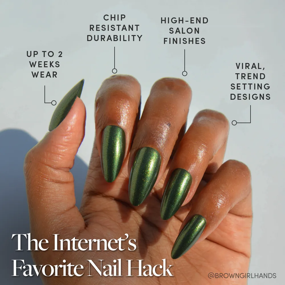 A hand with long, glossy green almond nails—glamnetic’s Cutie Pine—shows salon-quality, chip-resistant wear for up to 2 weeks. Viral designs and “The Internet’s Favorite Nail Hack” are highlighted below.