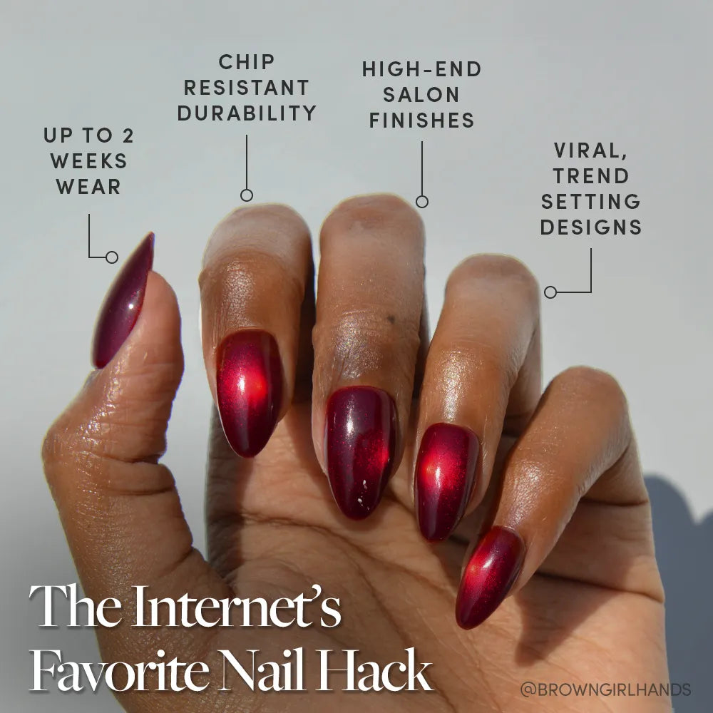 A hand with long, shiny, dark red nails is shown. Labels highlight up to 2 weeks wear, chip-resistant durability, high-end salon finish, and viral designs. Text reads: glamnetic Frosted Cranberry—The Internet’s Favorite Nail Set.