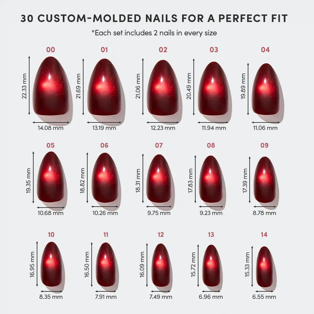 The glamnetic Frosted Cranberry Nail Set features 15 short almond sizes in a deep festive shade. Each set includes 2 nails per size and millimeter measurements for precise length and width.