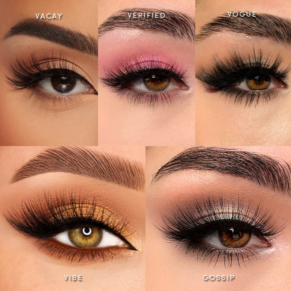 A collage showcases five bold eye looks with glamnetic’s All In The Lashes: top row—neutral (Vacay), pink (Verified), black smoky (Vogue); bottom—gold (Vibe), silver smoky (Gossip). Each style is clearly labeled.