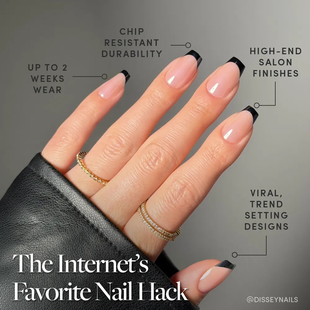 A hand shows well-groomed nails with coffin-shaped black French tips and gold rings, wearing glamnetic's Balsamic Glaze. Text highlights: “up to 2 weeks wear,” “chip resistant durability,” “high-end salon finishes,” and “viral, trendsetting designs.”.