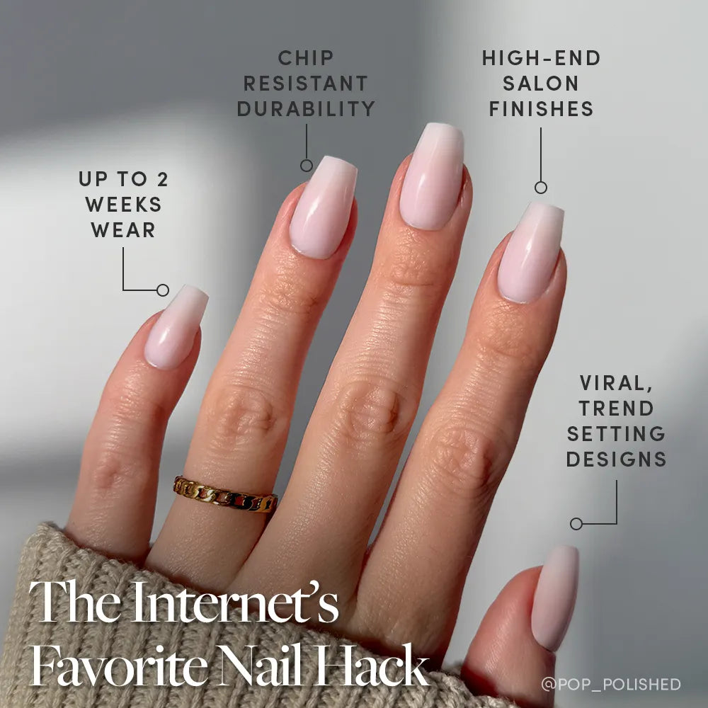 A hand showcases glamnetic Blush Dream Press-On Nails in medium coffin shape—long, glossy, and pale pink—featuring chip-resistant durability, up to 2 weeks wear, and trendy designs. Text: “The Internet’s Favorite Nail Hack.”.