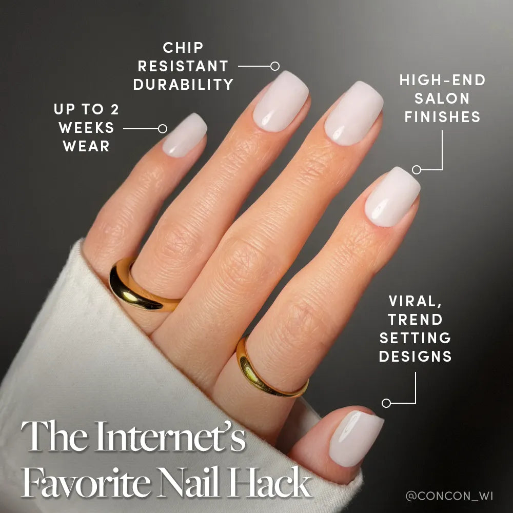 A hand with neatly manicured, light pink nails wears two gold rings. Text highlights glamnetic Clean Cut press-ons: chip-resistant durability, up to 2 weeks wear, salon-quality finish, and trendy viral milky mani designs.