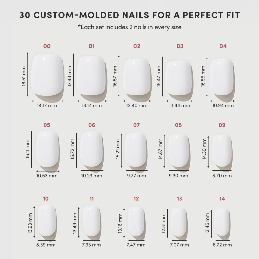 The glamnetic Clean Cut set features 15 sizes of salon-quality, custom-molded milky white nails (0–14), with width and height in millimeters shown on the chart. Each set includes 30 press-on nails arranged in three rows.