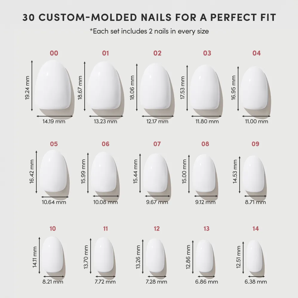 Chart displaying 15 sizes of glamnetic Clean Girl white short oval press-on nails, each labeled with width and height in millimeters, arranged in three rows under the title, 30 Custom-Molded Nails For a Perfect Fit.