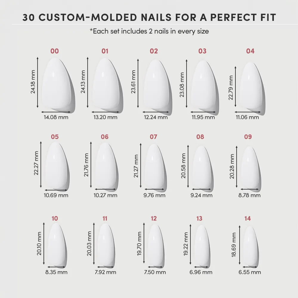 Diagram displaying 15 sizes of glamnetic Clouded custom-molded almond Press-On Nails, numbered 00–14, with each nail’s length and width in millimeters labeled beneath its milky mani image.