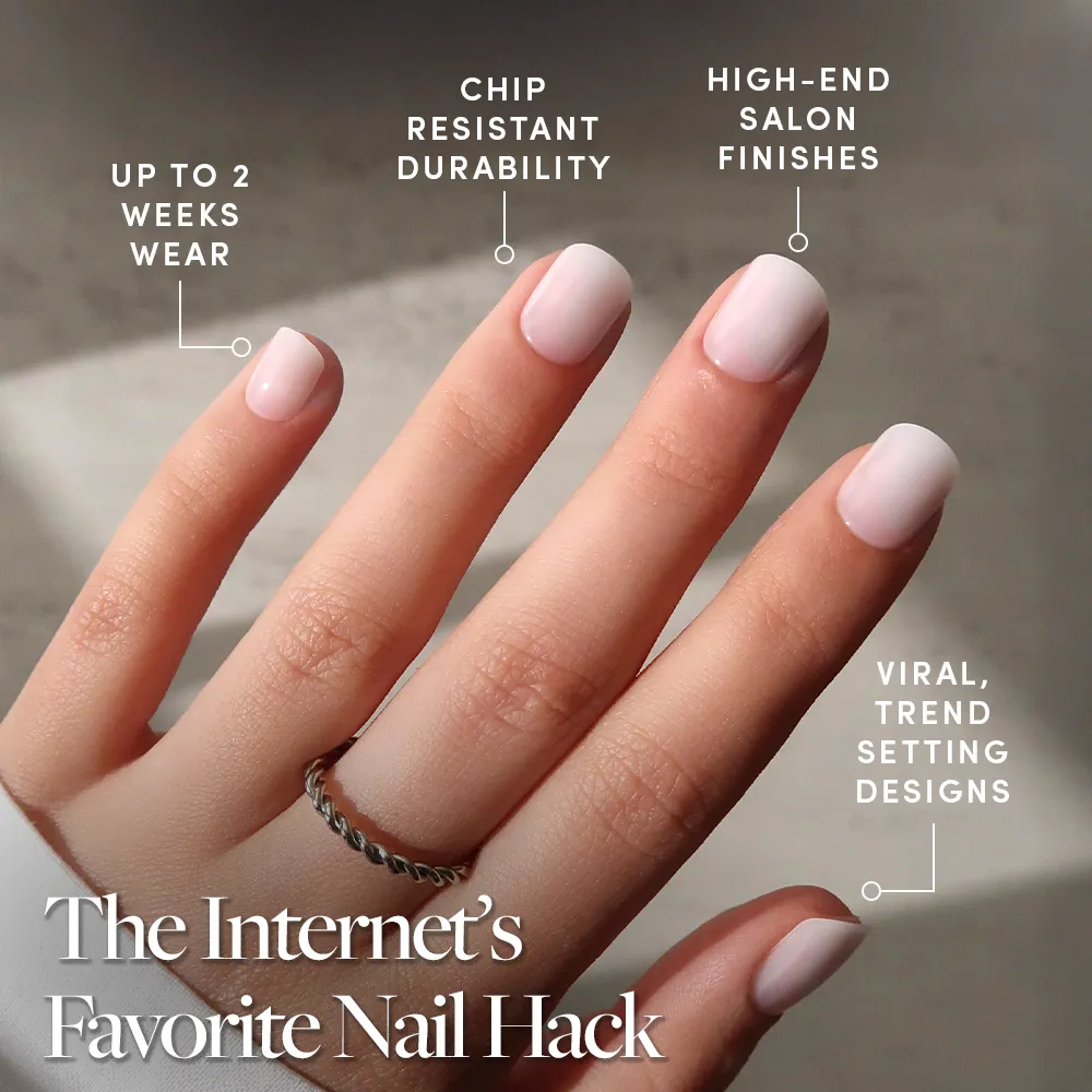 A hand with neatly manicured Cool Whip press-on nails by glamnetic in pale pink, featuring text: Up to 2 weeks wear, Chip resistant durability, High-end salon finishes, and Viral, trend-setting designs.